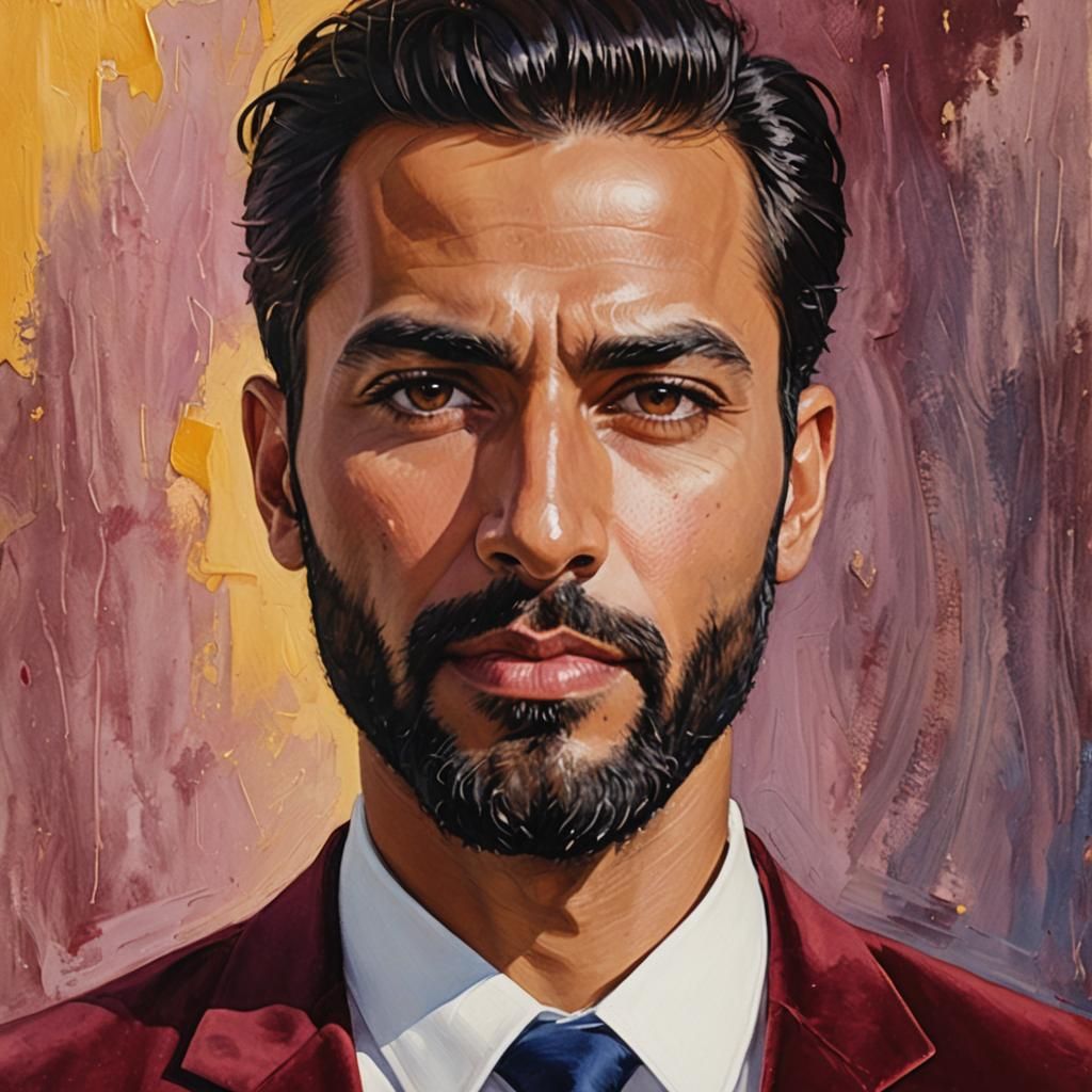 Attractive Man in Velvet Suit, Gouache Impasto Portrait