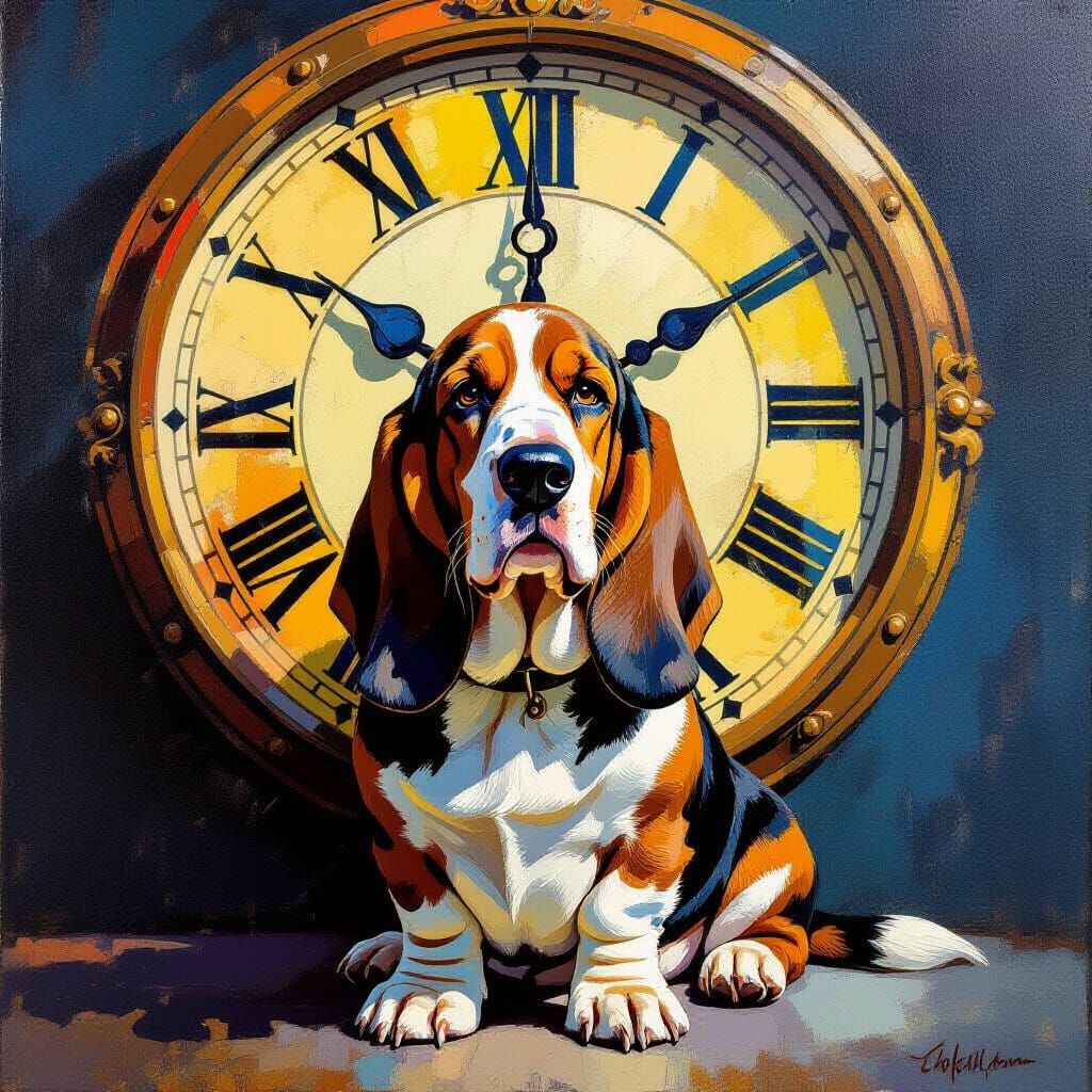 Basset Hound Beside Ornate Clock in Post-Impressionist Style