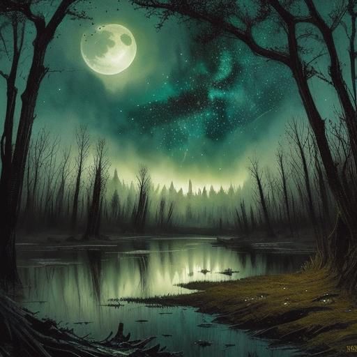 Eerie Swamp Landscape in Watercolor Painting Style