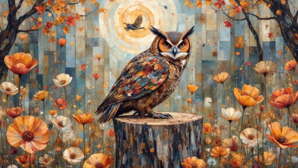 Owl in Spring Garden Paper Tole Scene