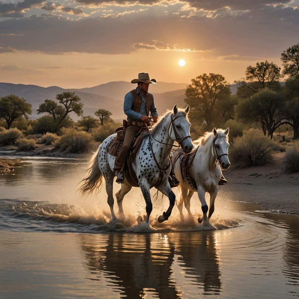 Cowboy and Appaloosa Pony at Sunset in Remington Style