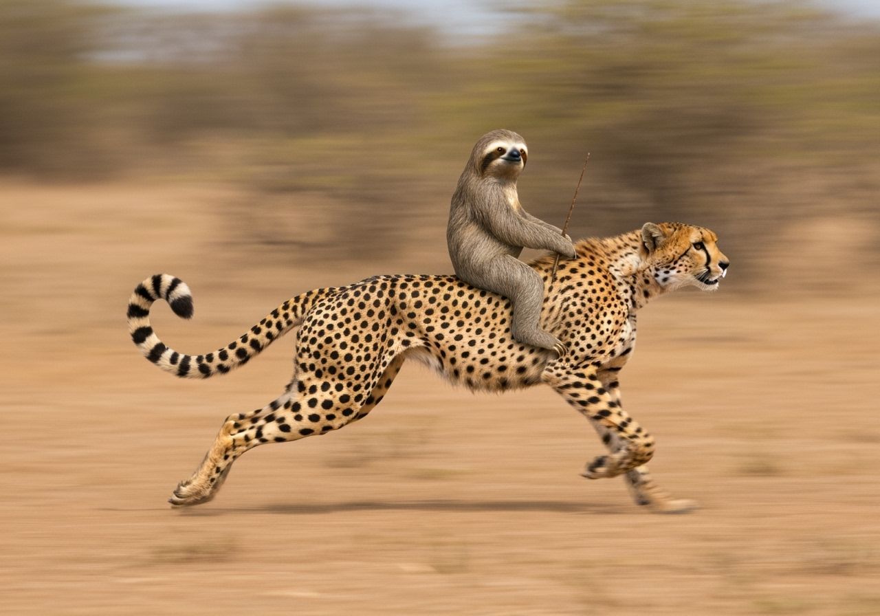 Sloth Cowboy Rides Cheetah Across Savannah