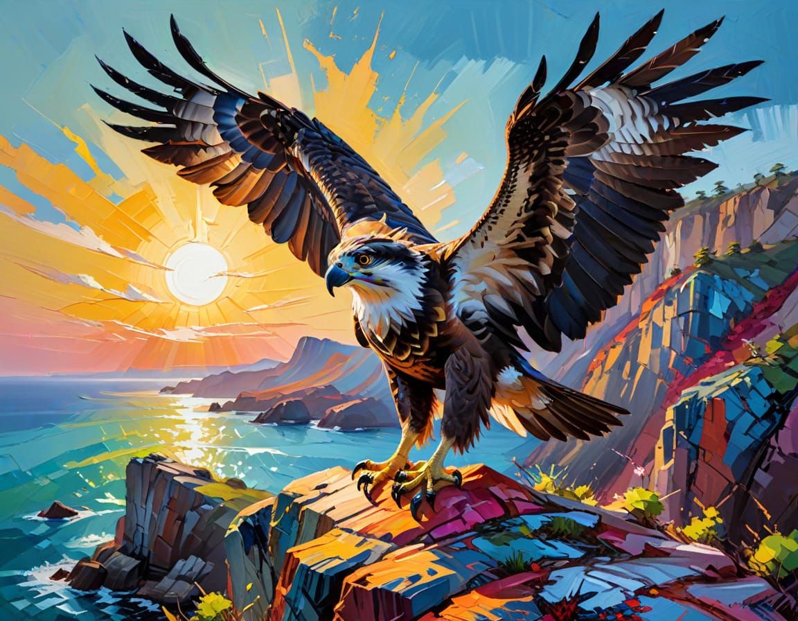 Osprey on Cliffs: Expressionist Impasto Oil Painting