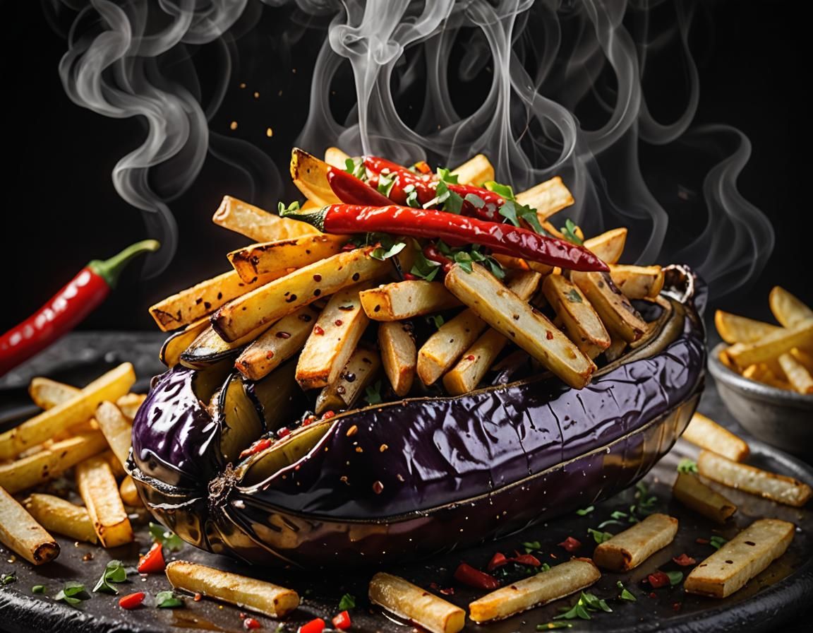 Steaming Baked Eggplant with Fries and Chilies