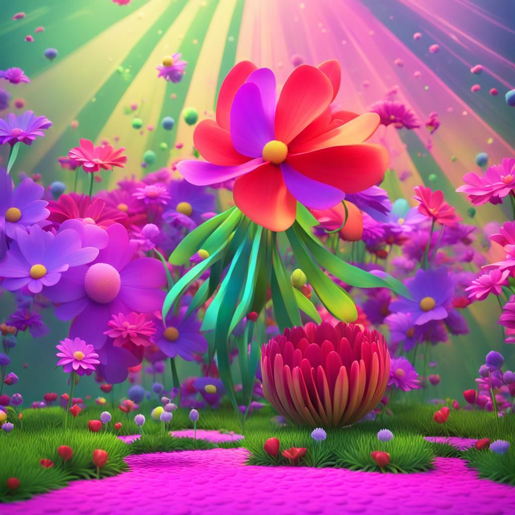 Flowers Chatting on Lawn in 3D Animation