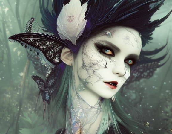 Vampire Elf Fairy Portrait with Black Wings