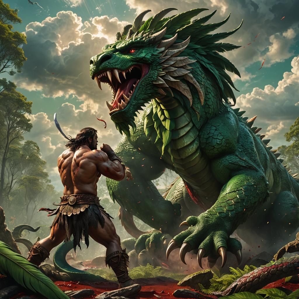 Barbarian Wrestles Serpent in Hyperrealistic Forest