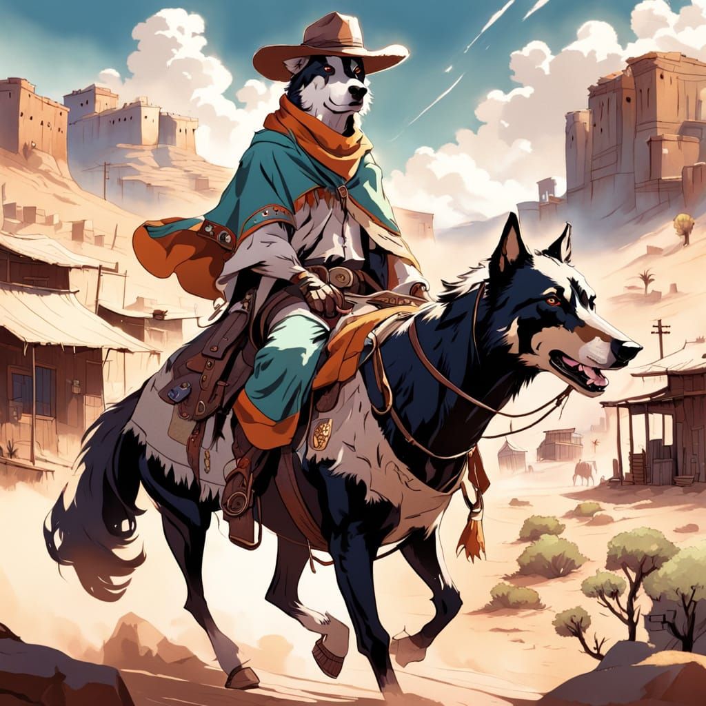 Wolf Cowboy Rides Through Desert Town