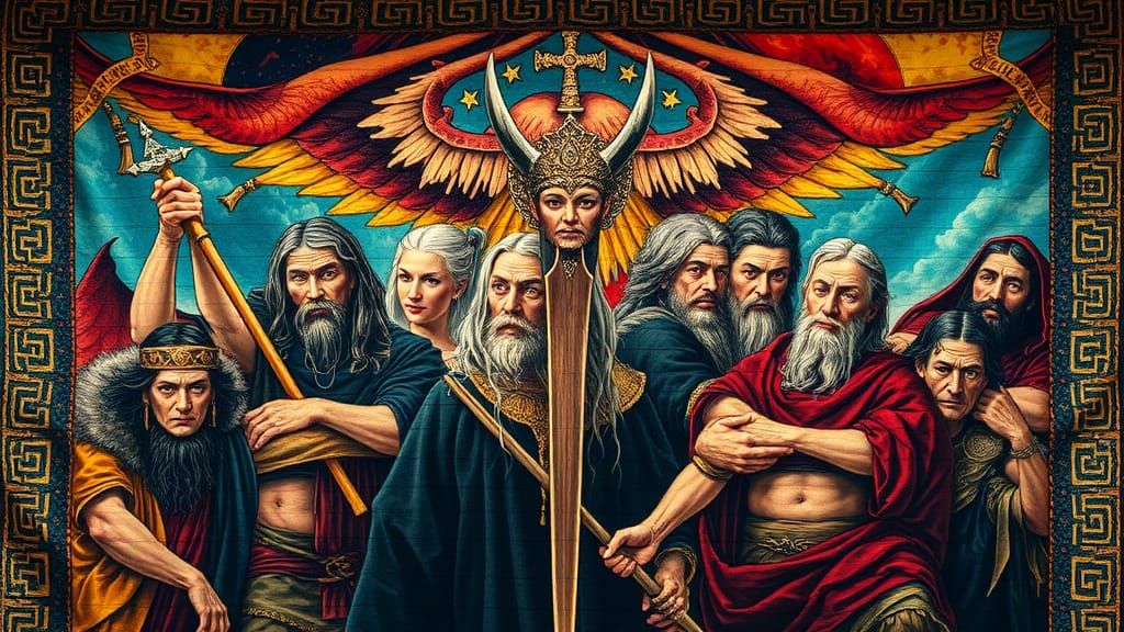 Celtic Pantheon Tuatha Dé Danann Tapestry: Hyperrealistic Ar...