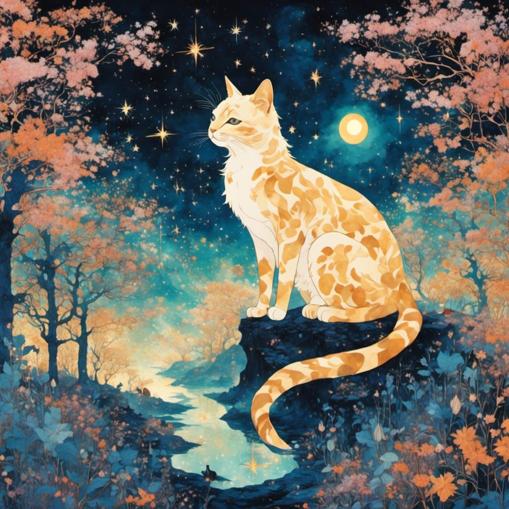 Cats Silhouetted Under a Starry Night Sky