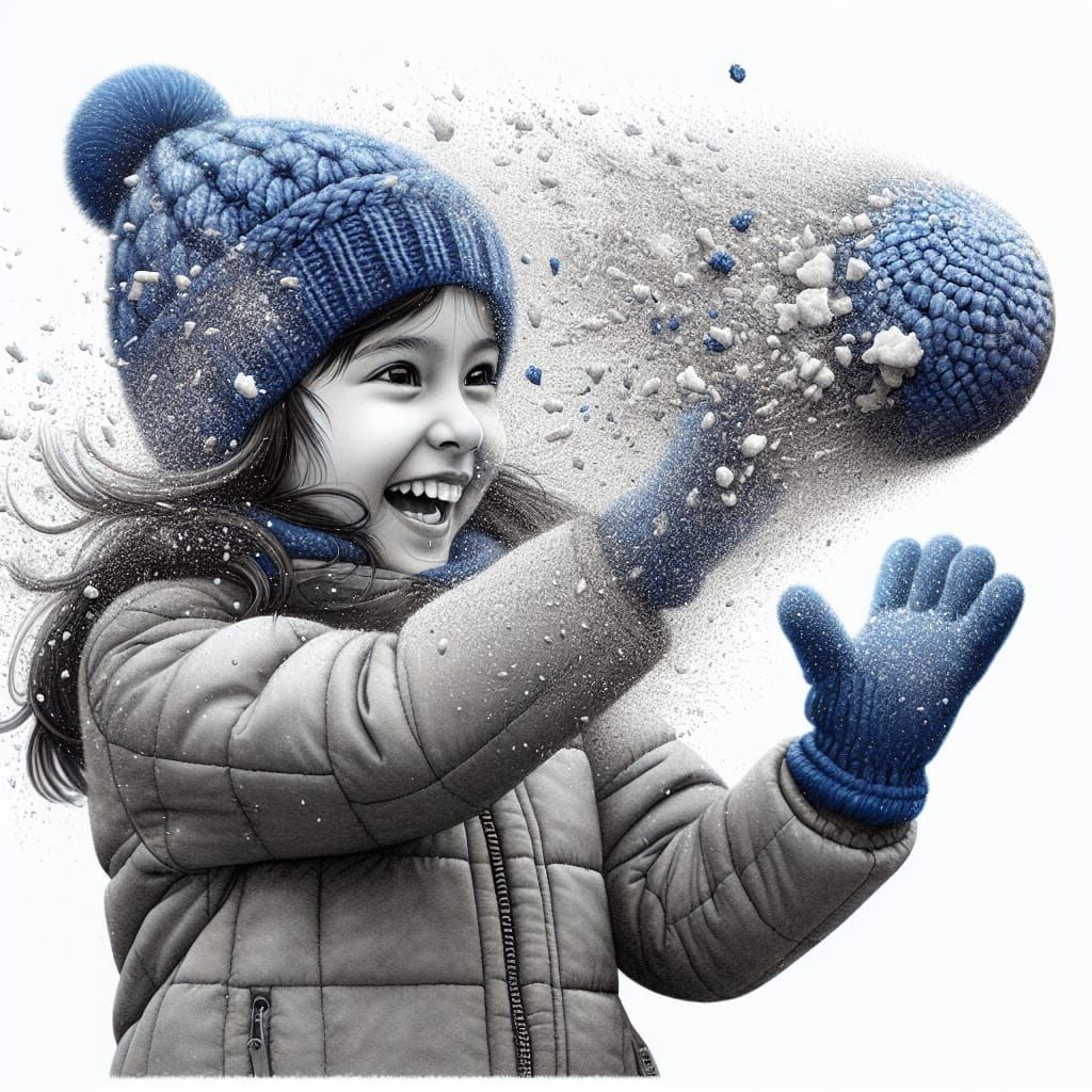 Girl in Snowball Fight: Photorealistic Pencil Sketch