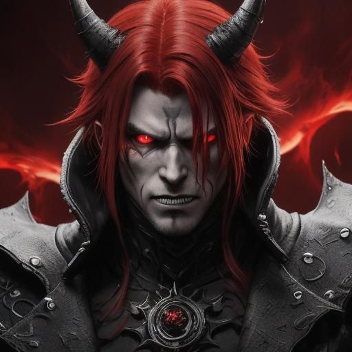 Menacing Red-Haired Demon: Anime-Style Dark Fantasy Portrait