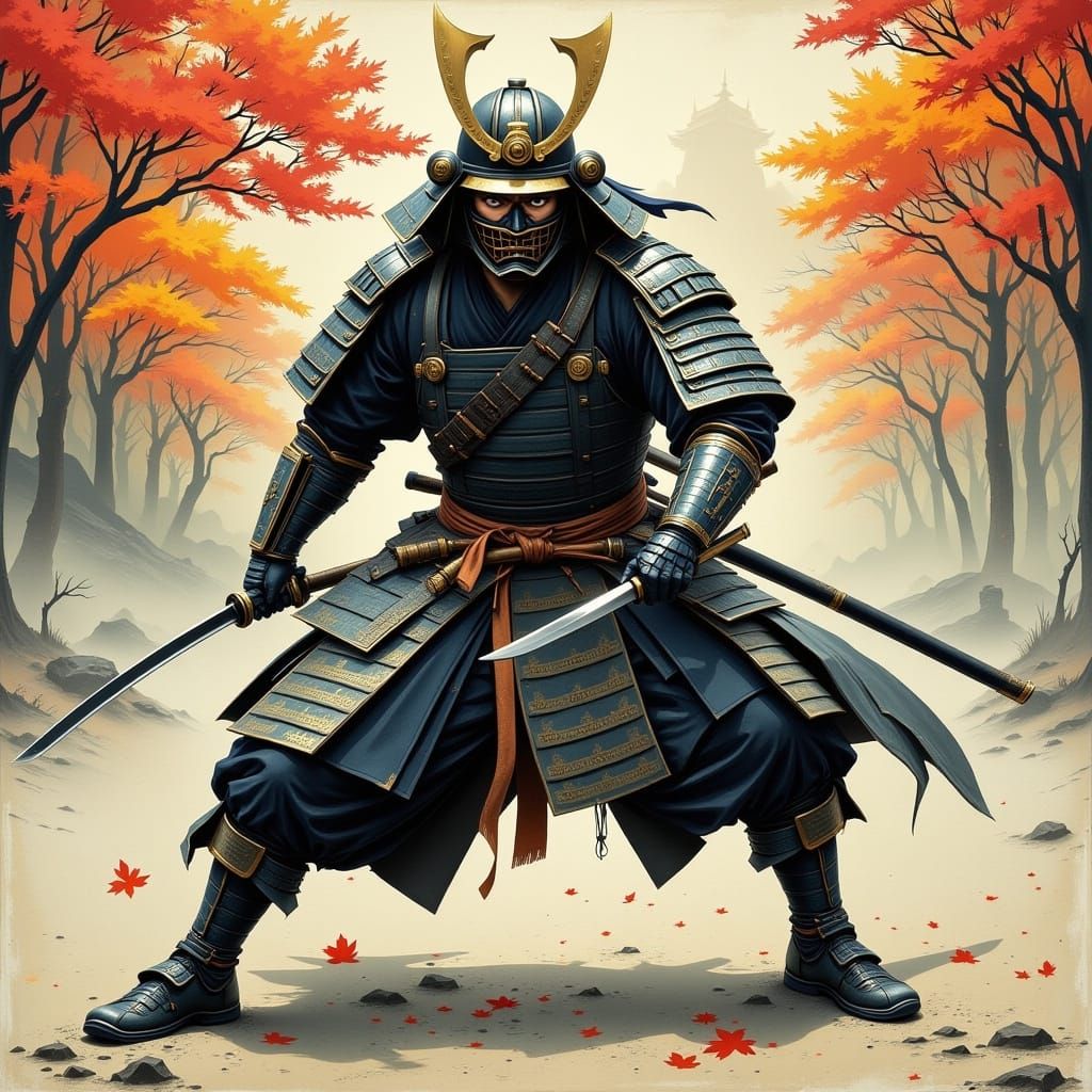 Male Samurai in Intense Combat