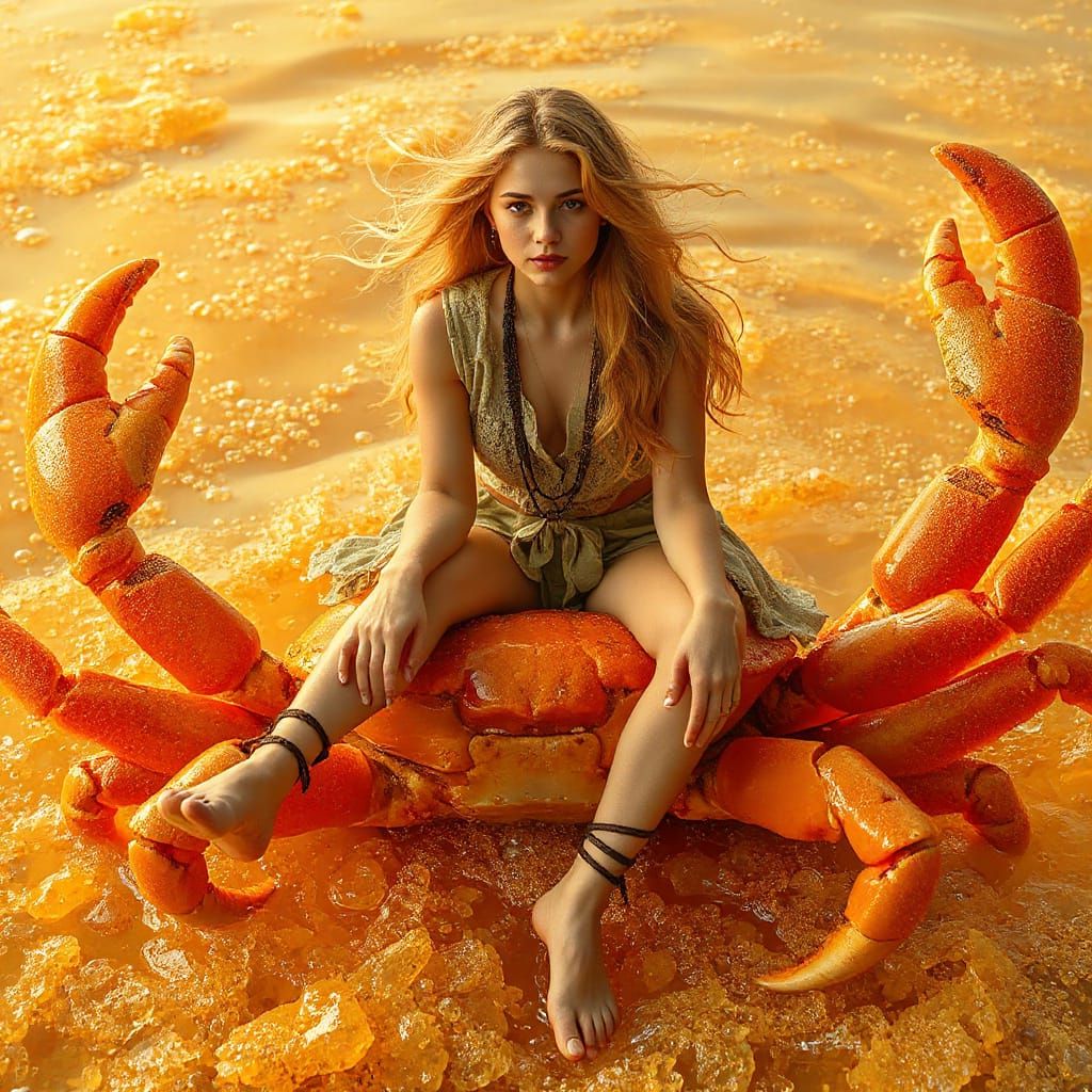 Woman on Gummy Crab in Effervescent Soda Sea