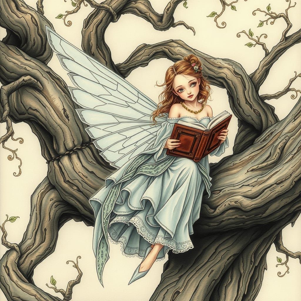 Whimsical Fairy Reading Book in Mystical Forest