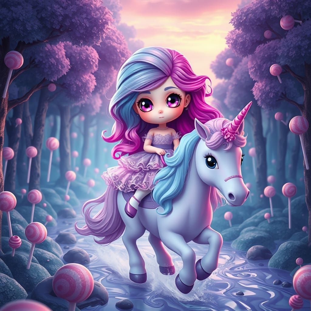 Chibi Girl Rides Unicorn Through Candy Forest