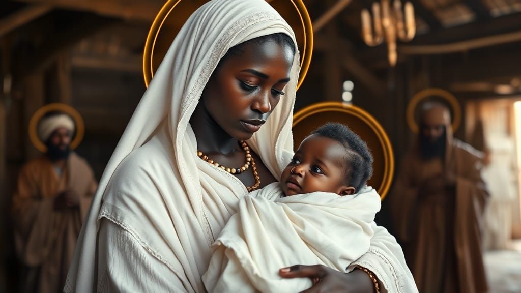 Serene Nubian Madonna and Baby Jesus in Sacred Barn Scene