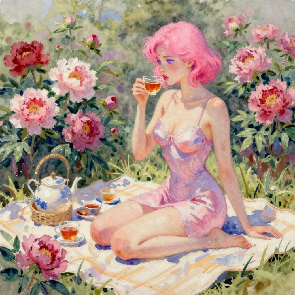 Woman in Peony Garden with Tea, Watercolor and Gouache Style