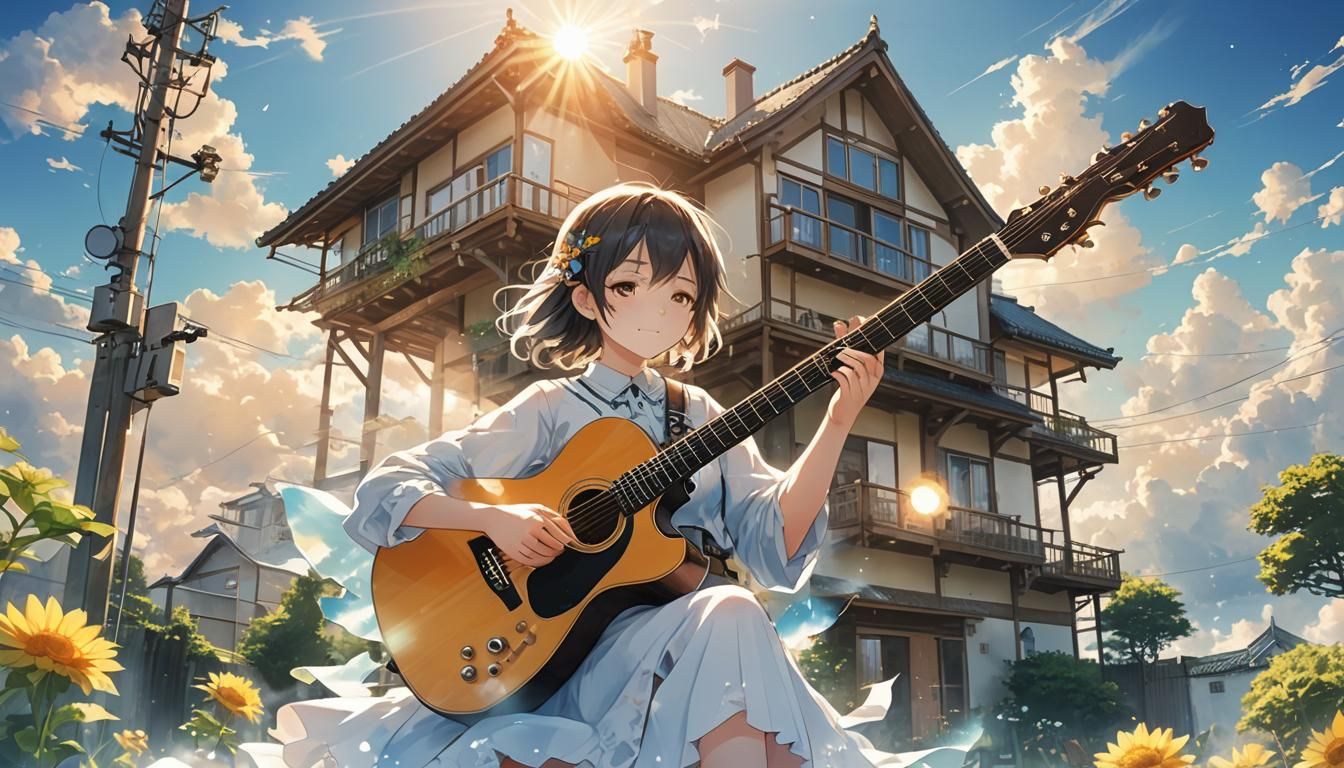 Double Exposure House and Guitar in Anime Style