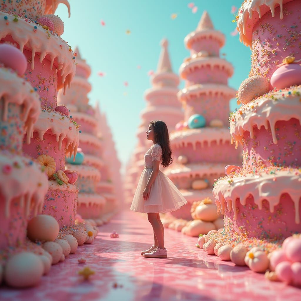 Woman in Whimsical Cake World: Digital Art
