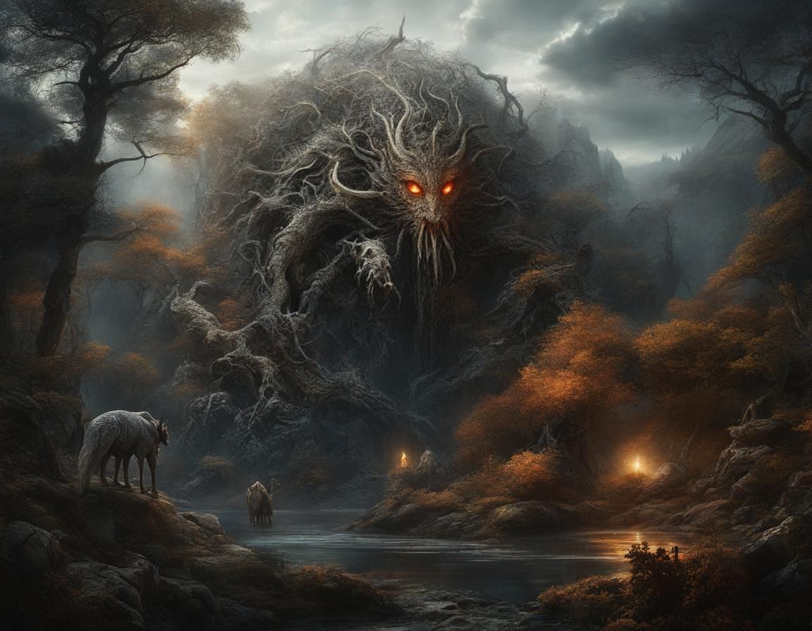 Dendritic Horror Forest Monster in Dark Fantasy Style