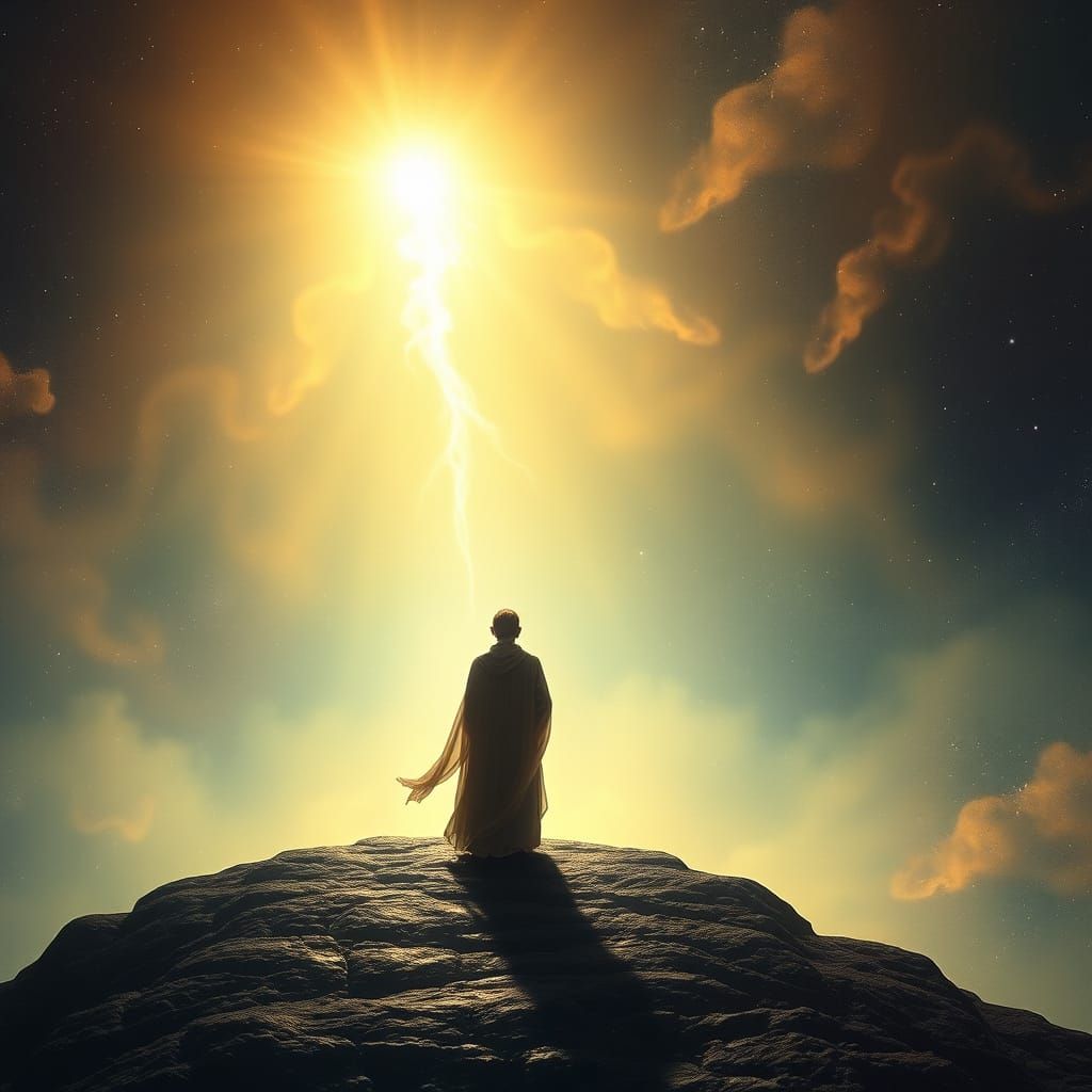 Mystical Figure Gazes at Light in Ethereal Realm