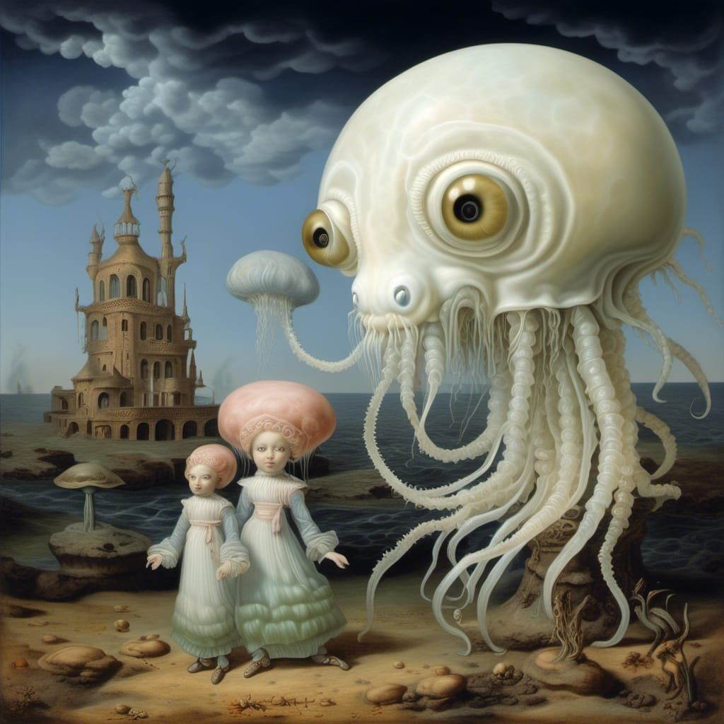 Sinister Sisters Ride Zebrafish in Apocalyptic Wonderland