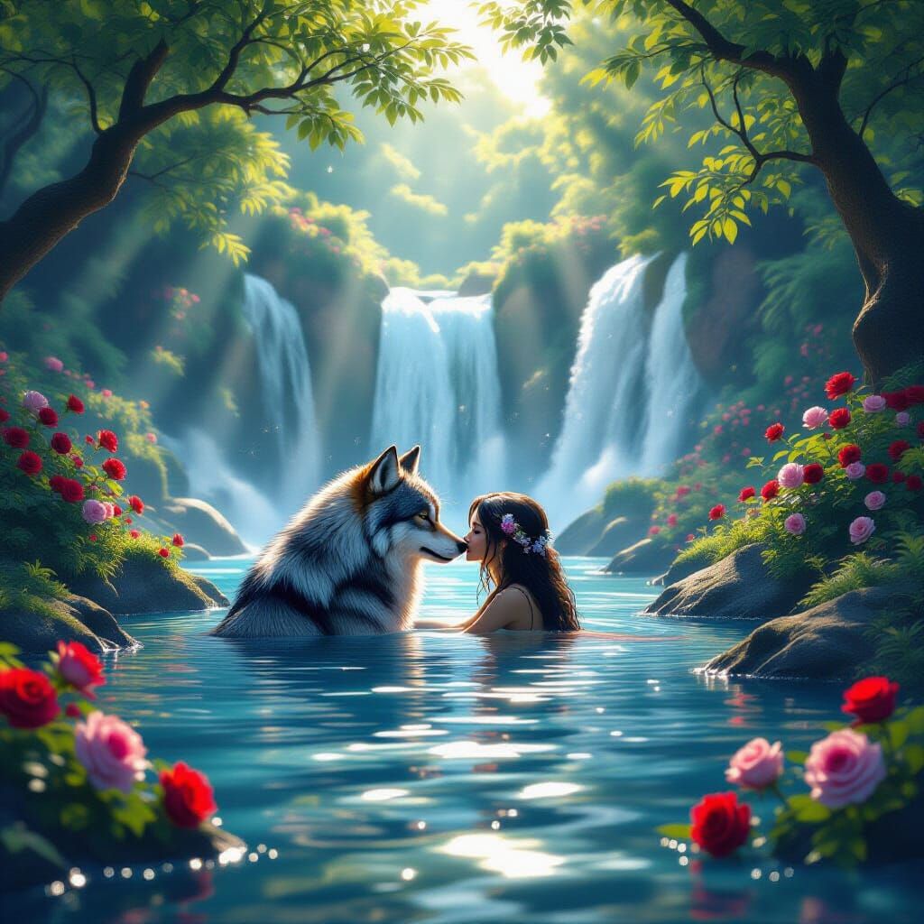 Beauty and Wolf Cuddle by Waterfall in Lush Forest