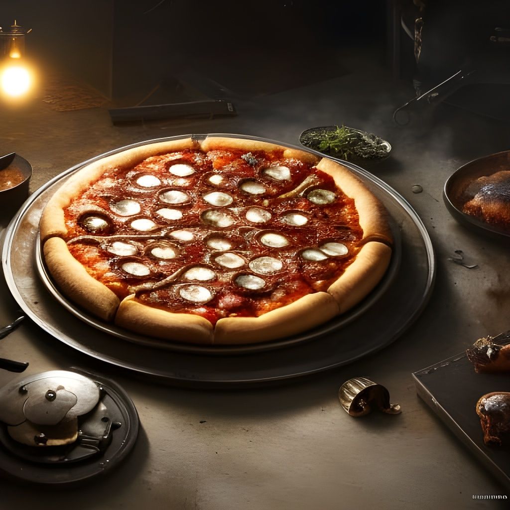 Steampunk Cheeseburger Pizza in Dark Fantasy Style