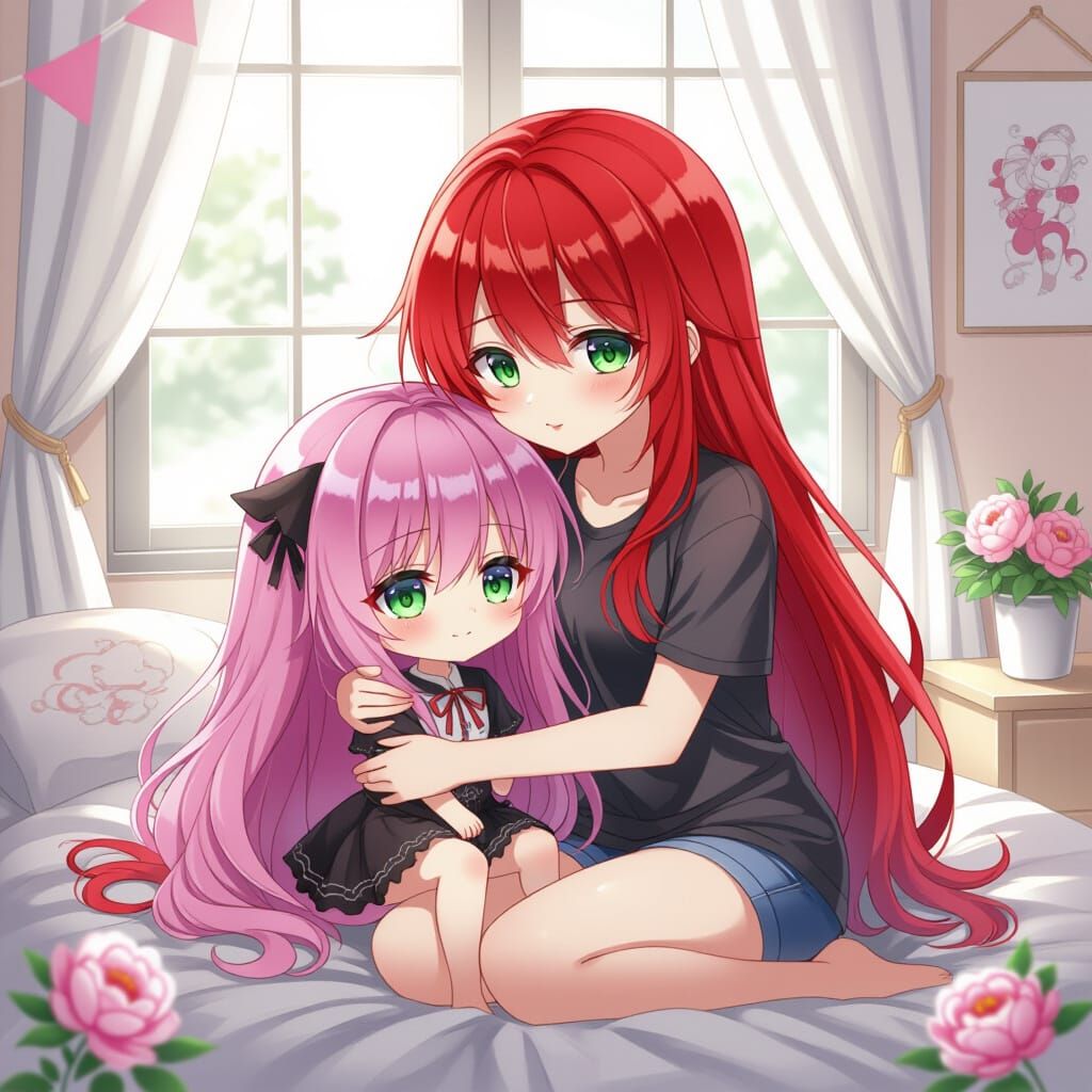 Japanese Woman Hugging Reaper Plushie in Anime Style