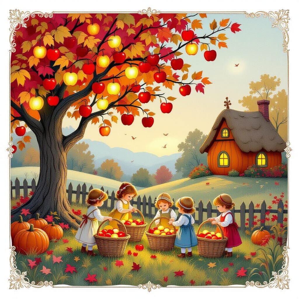 Whimsical Orchard with Glowing Apples and Pumpkin House