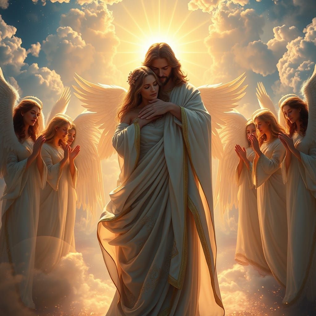 Regal Woman Embraced by Jesus Amidst Heavenly Glory