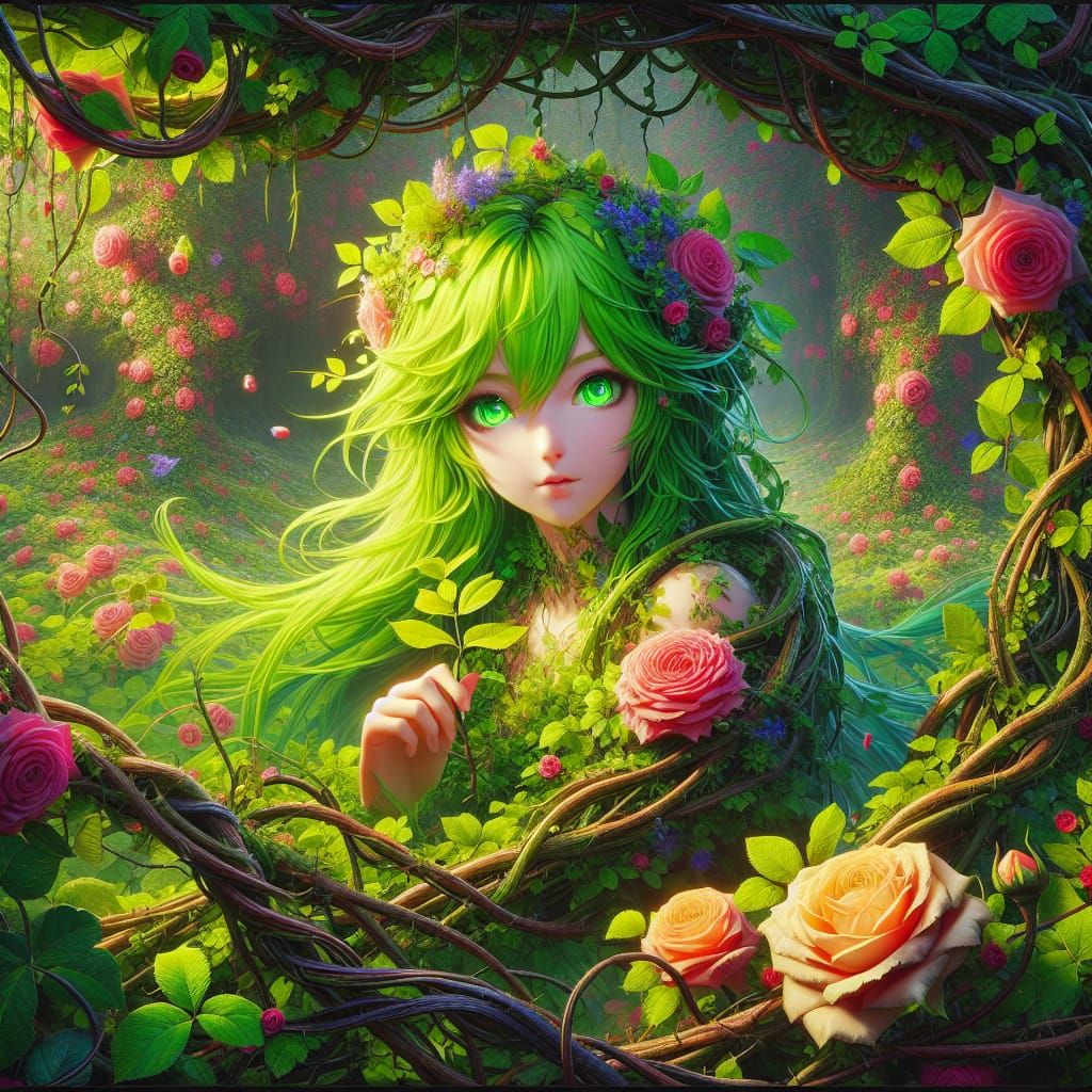 Anime Dryad Entangled in Thorny Rose Garden