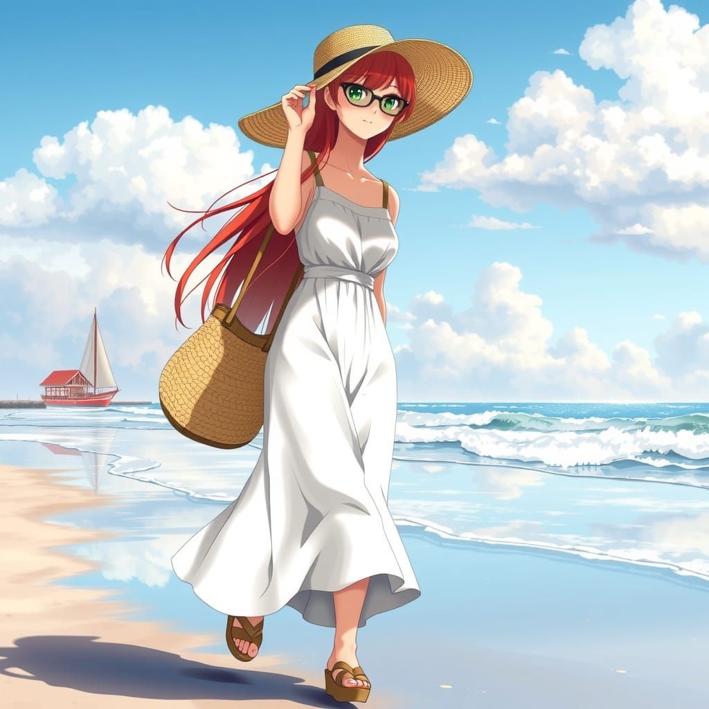 Slender Japanese Woman Strolls Peacefully on the Beach