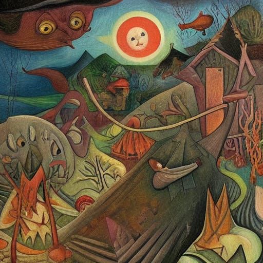 Surreal Houses and Catfish with Faces in Forest