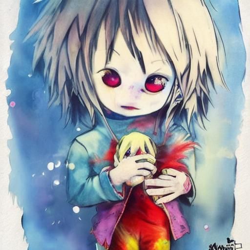 Sad Clown Child with Plushie in Anime Style