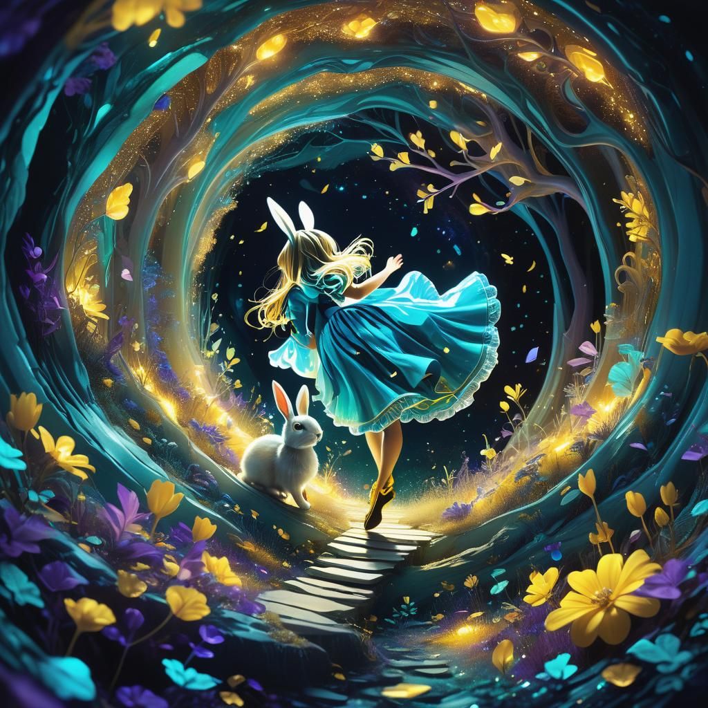 Alice in Iridescent Rabbit Hole: Surreal Digital Art