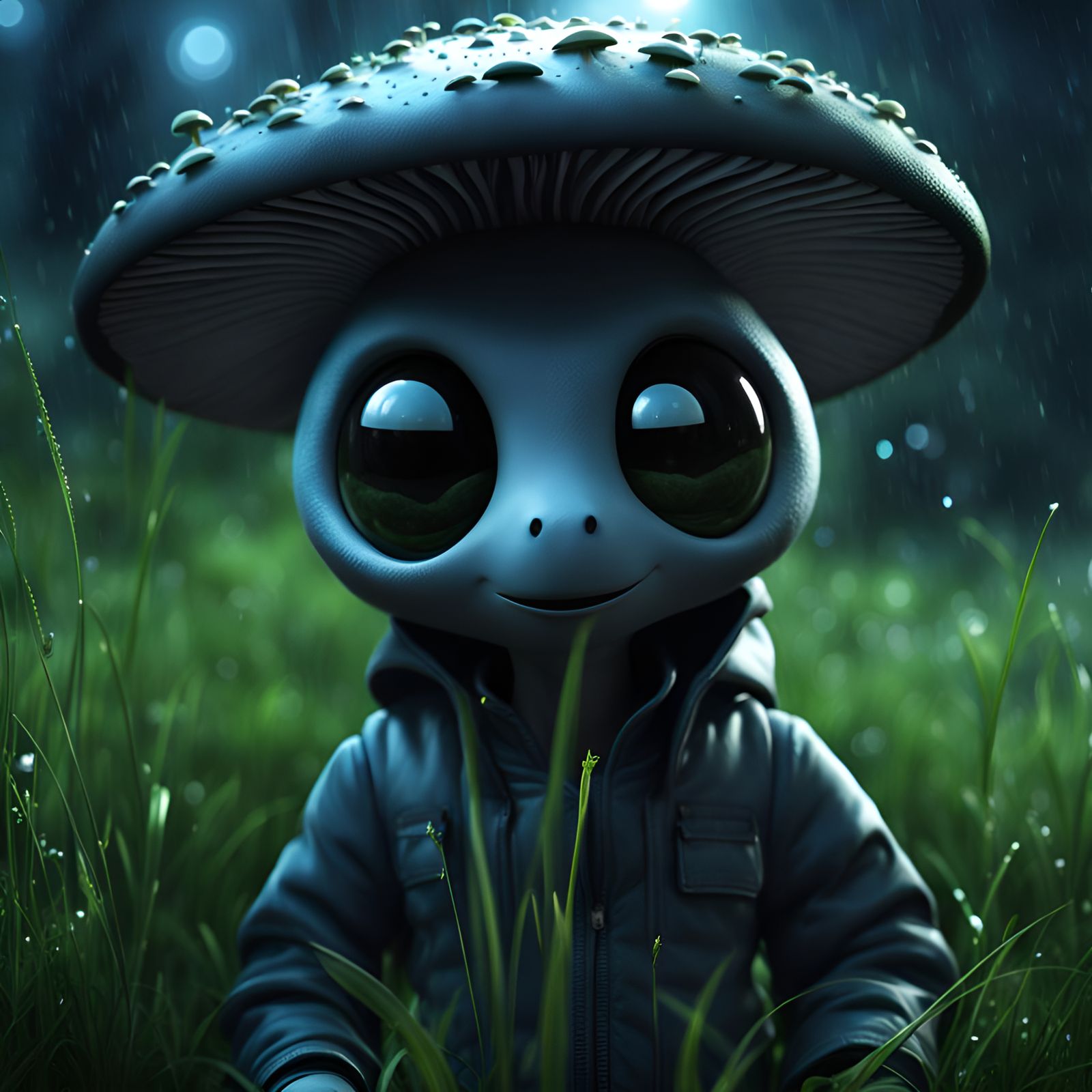 Cute Grey Alien in Hyperrealist Forest Scene