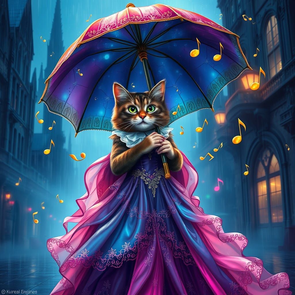 Elegant Cat Undergoes Whimsical Piano Umbrella Dance in Drea...