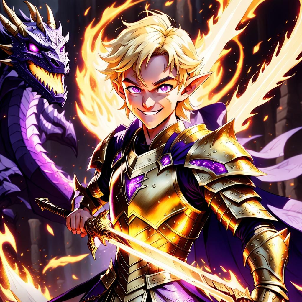 Elven Emperor Boy Battles Dragon: Cel-Shaded Anime Style