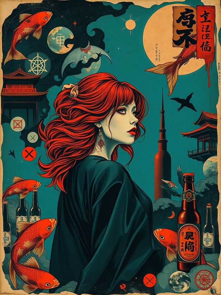 Surreal Noir Japanese Woman in Vintage Poster Style