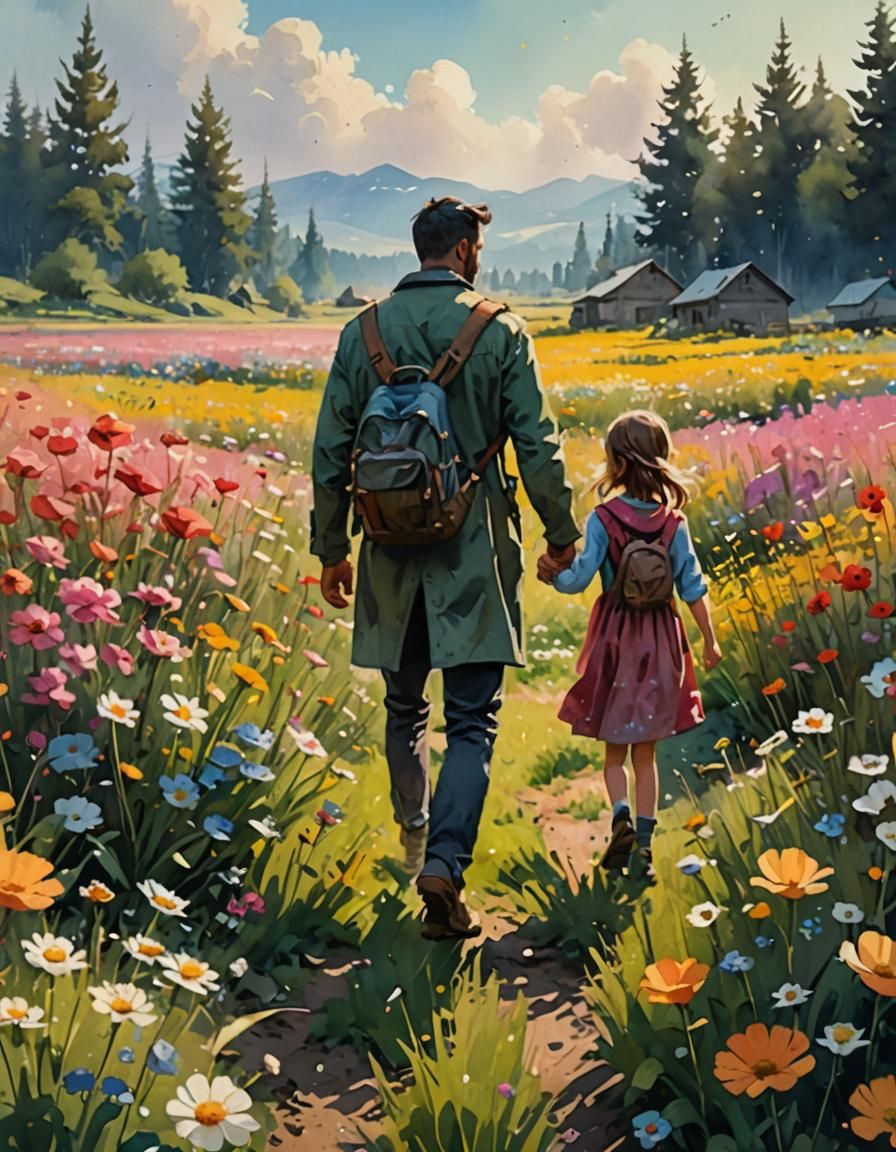 Watercolor Father and Daughter in Flower Field