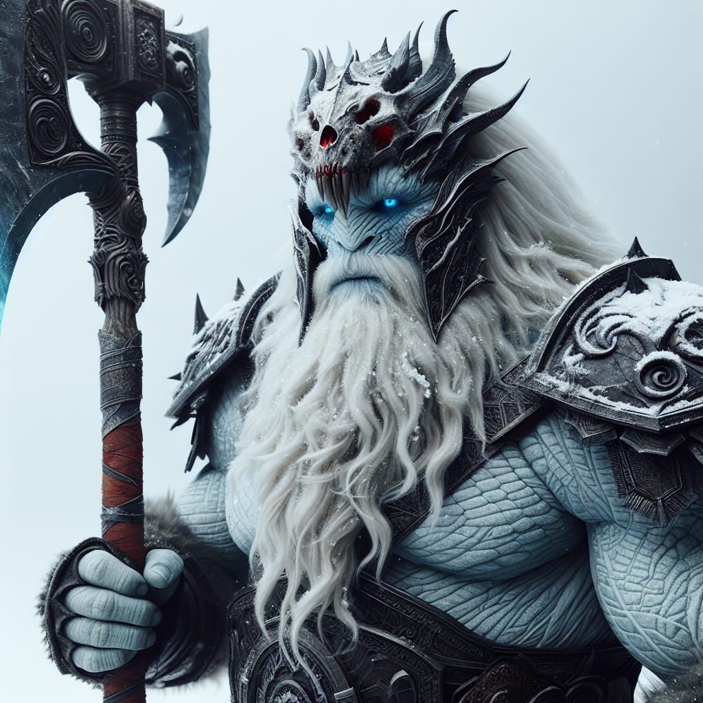 Epic Frost Giant Warrior with Dragon Skull Helmet
