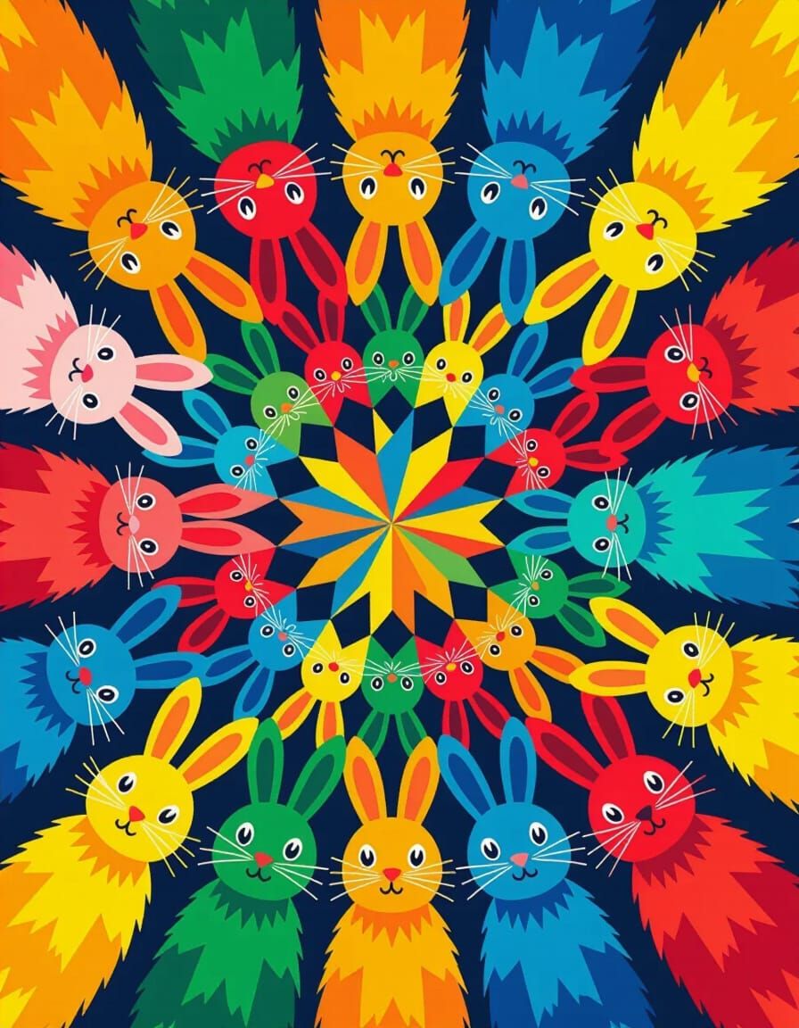 Kaleidoscope of Colorful Fluffy Bunnies in Geometric Style
