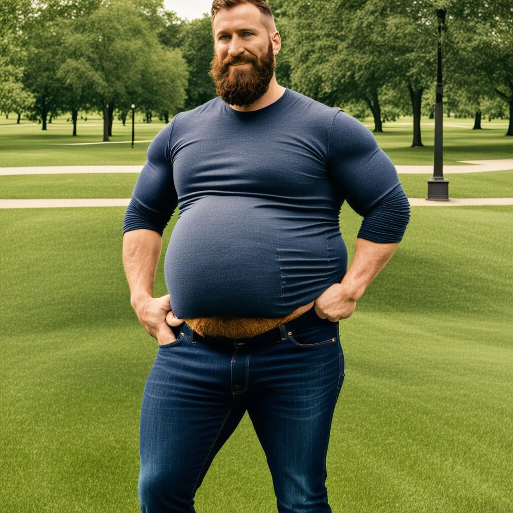 Shirtless Bearded Man with Round Belly in Maternity Jeans