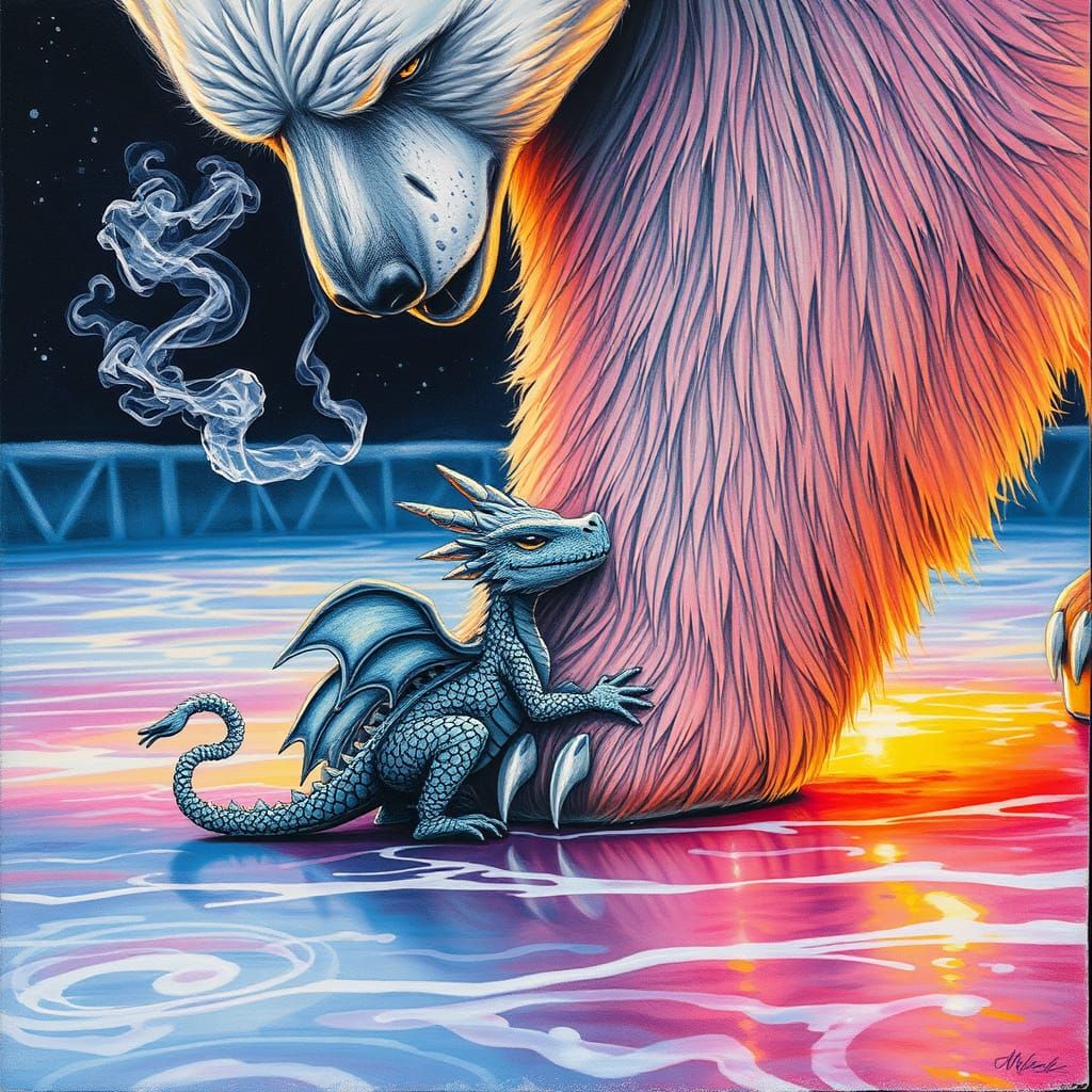 Tiny Dragon Cuddles Colossal Polar Bear on Neon Rink