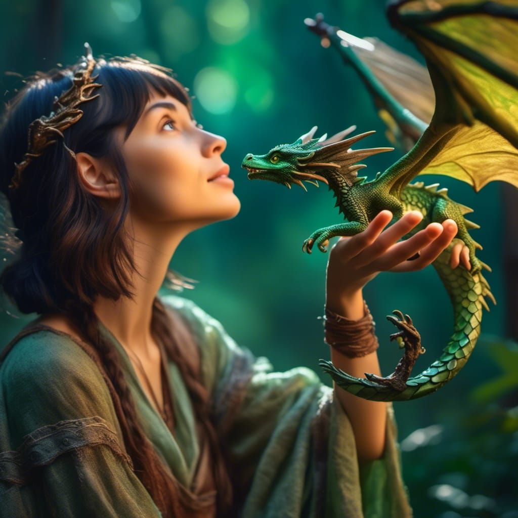 Green Dragon Perched on Hand in Hyperreal Style