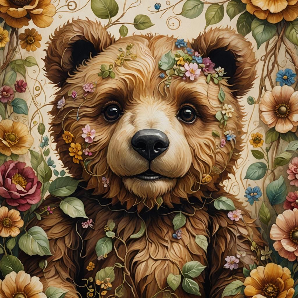 Whimsical Teddy Bear Portrait with Floral Seams