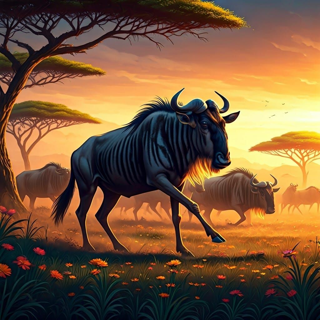 Wildebeest Stampede Across the African Savannah