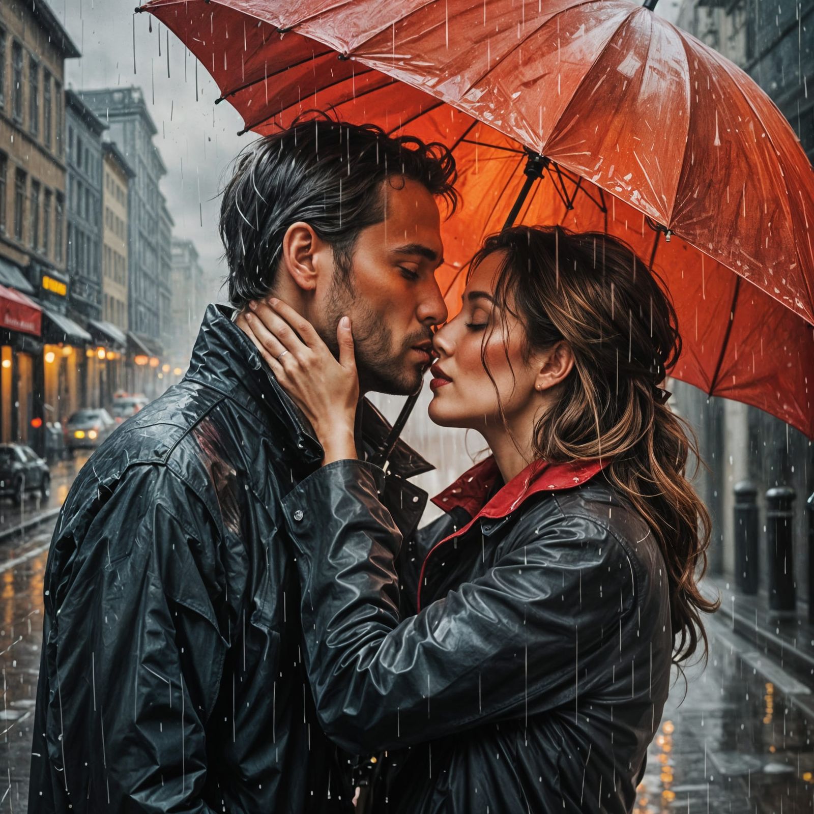 Passionate Kiss in Rain: A Romantic Oil Painting